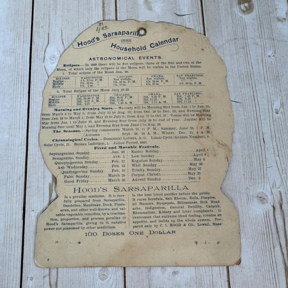 Hood's Household Calendar 1888 by C.I. Hood & Co. 1887 Die-cut Cardstock